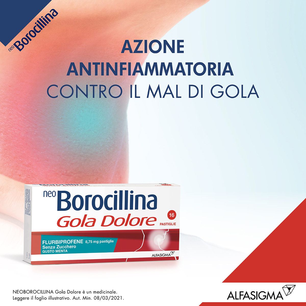 Neo Borocillina Gola Dolore 8,75mg Menta Senza Zucchero 16 Pastiglie mal di gola
