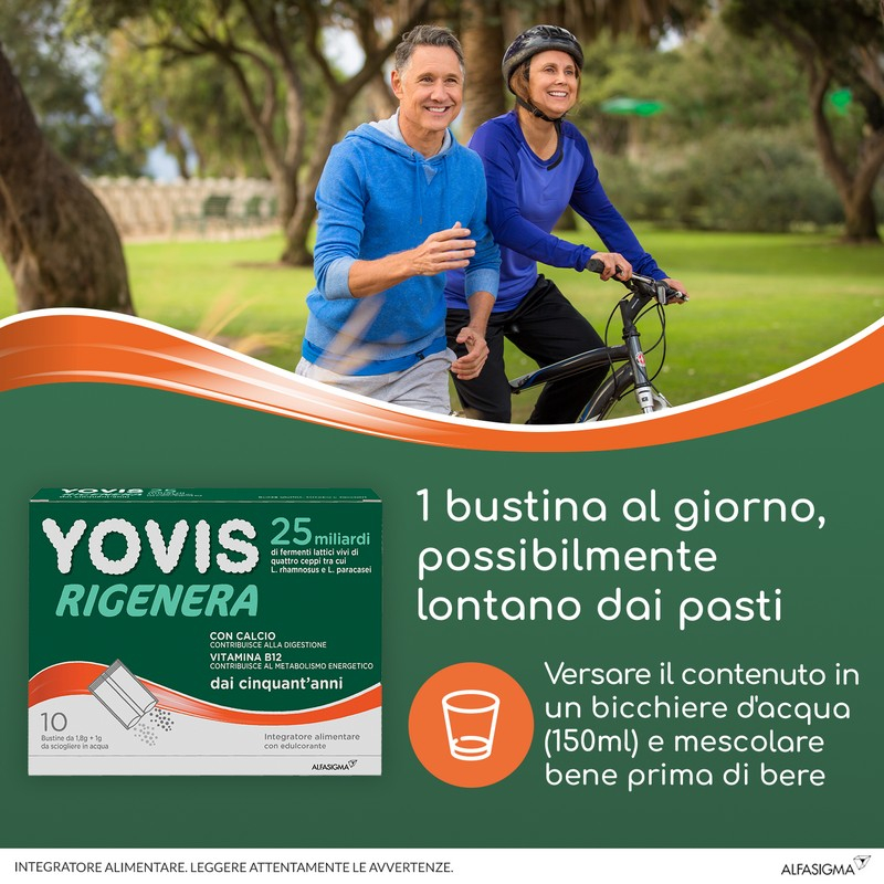 Yovis Rigenera, Probiotici per il Benessere Intestinale dai 50 anni, 25 Miliardi di Fermenti Lattici Vivi con Calcio e Vitamina B12, 10 Bustine