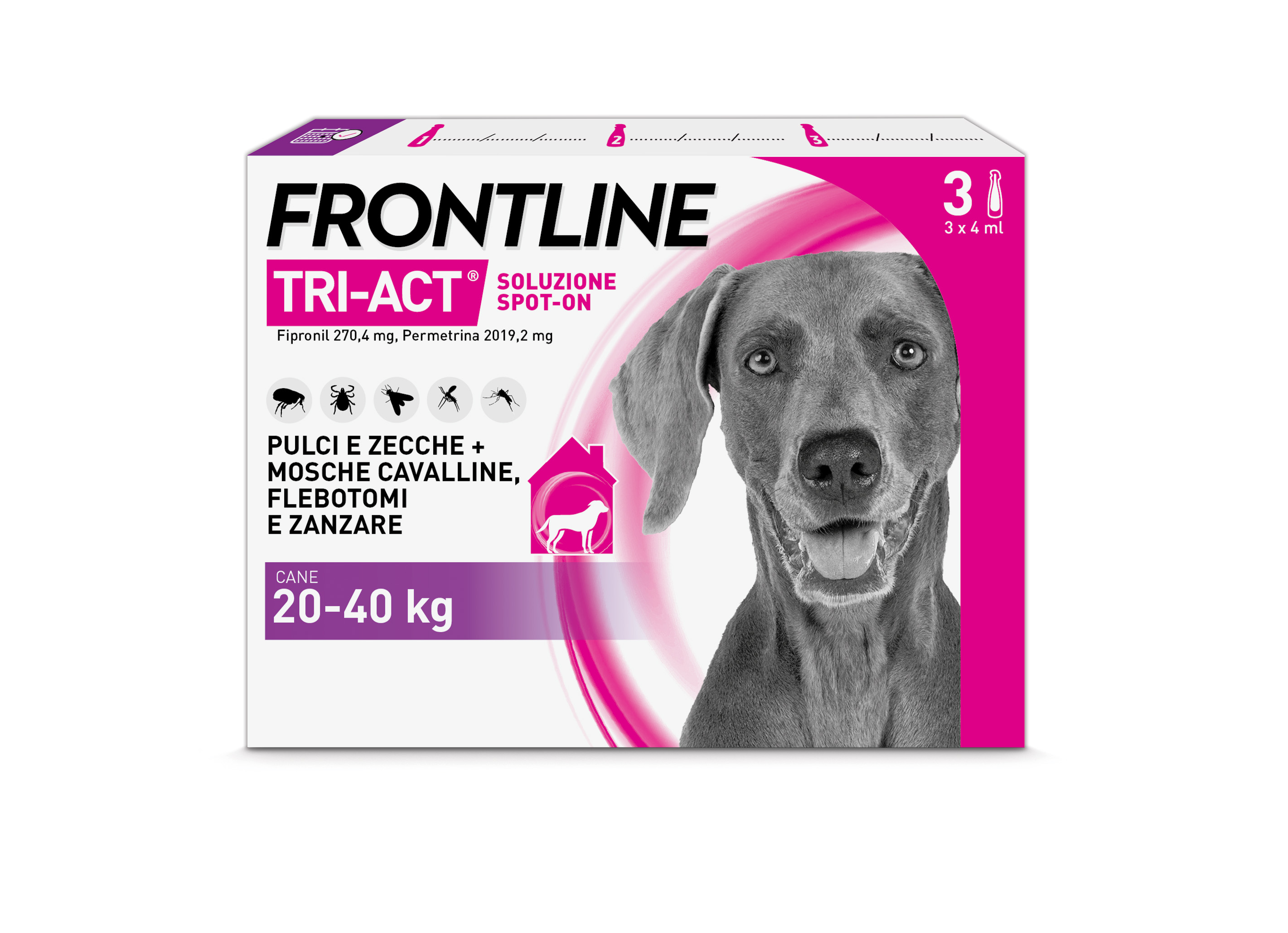 Frontline Tri Act x3 Pipette, Antiparassitario Per Cani e Cuccioli (Taglia L 20-40Kg) Contro Pulci, Zecche, Zanzare, Pappataci e Leishmaniosi