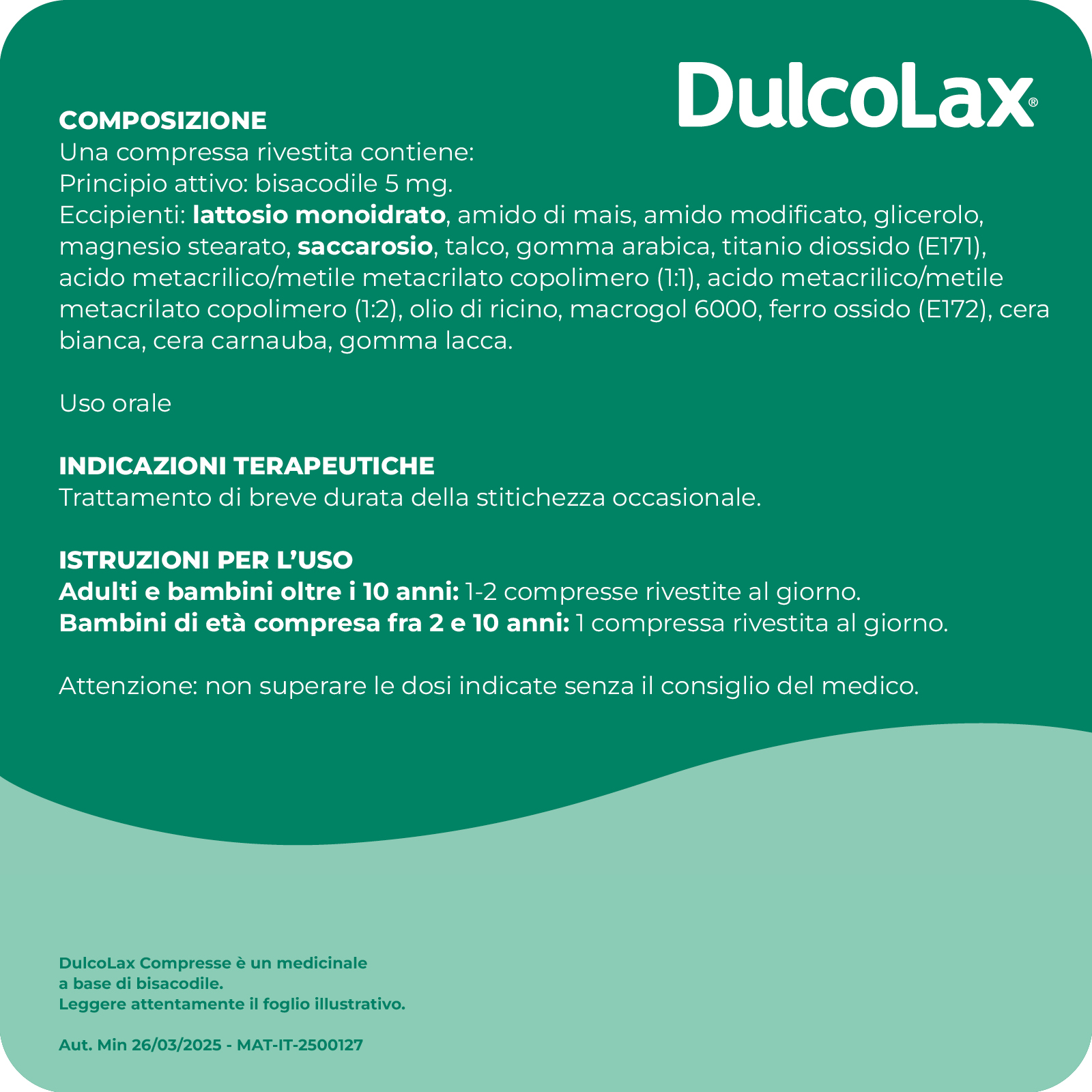 Dulcolax 5 mg - Lassativo Ad Azione Rapida Contro La Stitichezza Occasionale 20 Compresse Rivestite