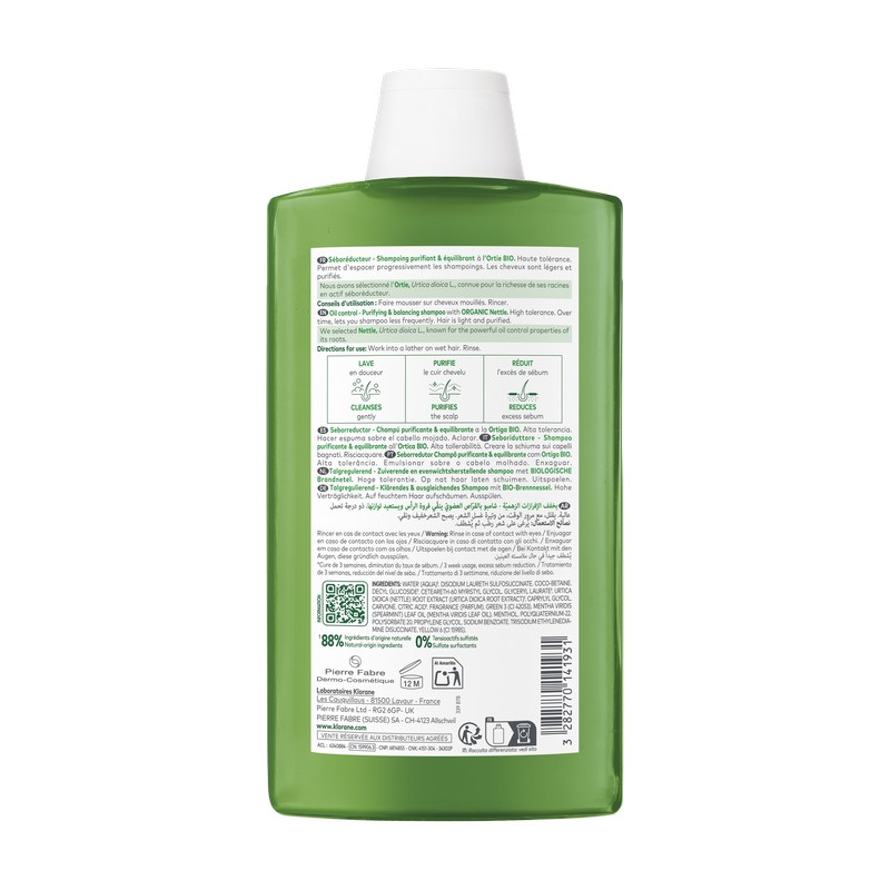 Klorane - Shampoo Seboriduttore all'Ortica purificante ed equilibrante, capelli grassi - 400ml