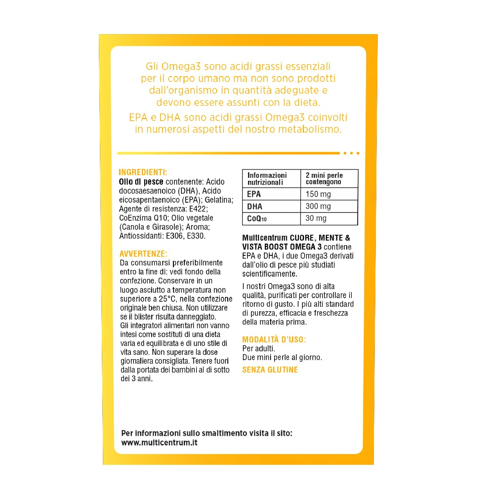 Multicentrum Cuore Mente Vista Boost Omega 3 Integratore Alimentare EPA e DHA Coenzima Q10 120 perle