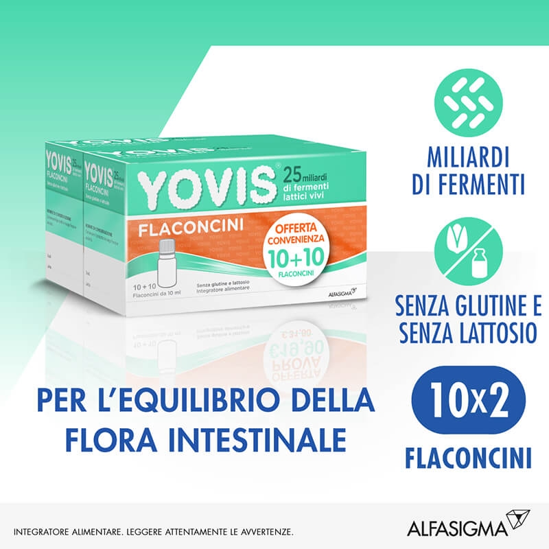 Yovis Flaconcini, Probiotici per il Benessere Intestinale, 25 Miliardi di Fermenti Lattici Vivi, Senza Glutine e Lattosio, 20 Flaconcini da 10ml (Bipack da 10+10 flaconcini) 