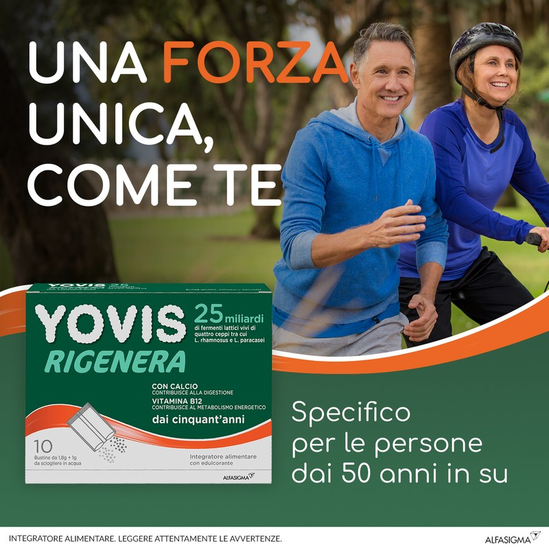 Yovis Rigenera, Probiotici per il Benessere Intestinale dai 50 anni, 25 Miliardi di Fermenti Lattici Vivi con Calcio e Vitamina B12, 10 Bustine