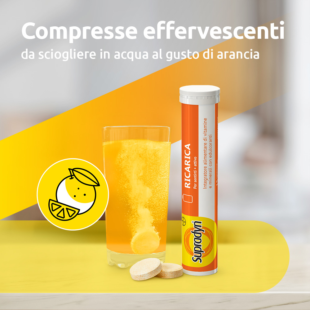 Supradyn Ricarica Integratore Multivitaminico Completo con Vitamine A, B, C, D, E, K, Minerali e Coenzima Q10 contro la Stanchezza, Gusto Arancia, 15 Compresse Effervescenti Rivestite - SCADENZA 31 AGOSTO 2026 