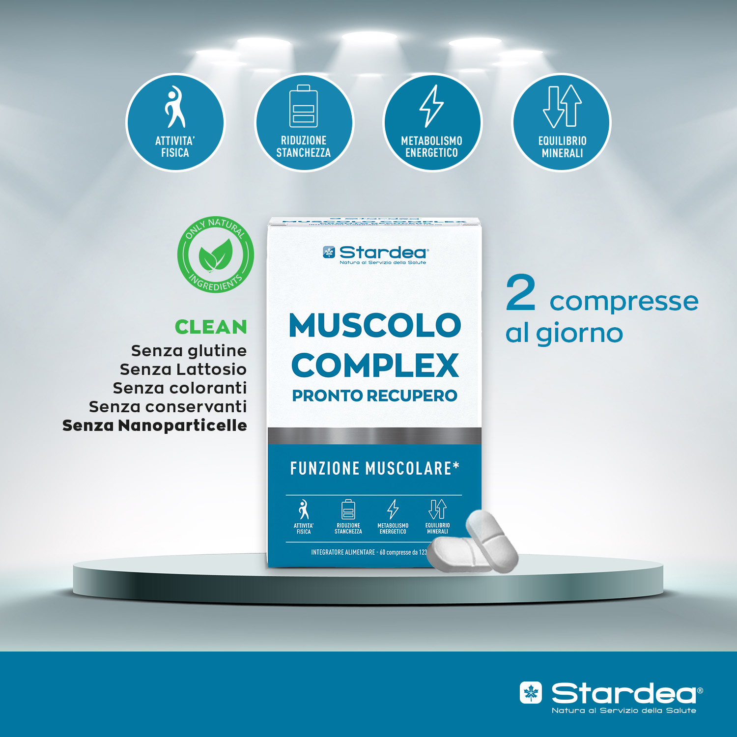 STARDEA MUSCOLO COMPLEX PRONTO RECUPERO Compresse - integratore alimentare a base di Potassio, Magnesio, Rame e Selenio con Vitamine B6, B1 e B12.