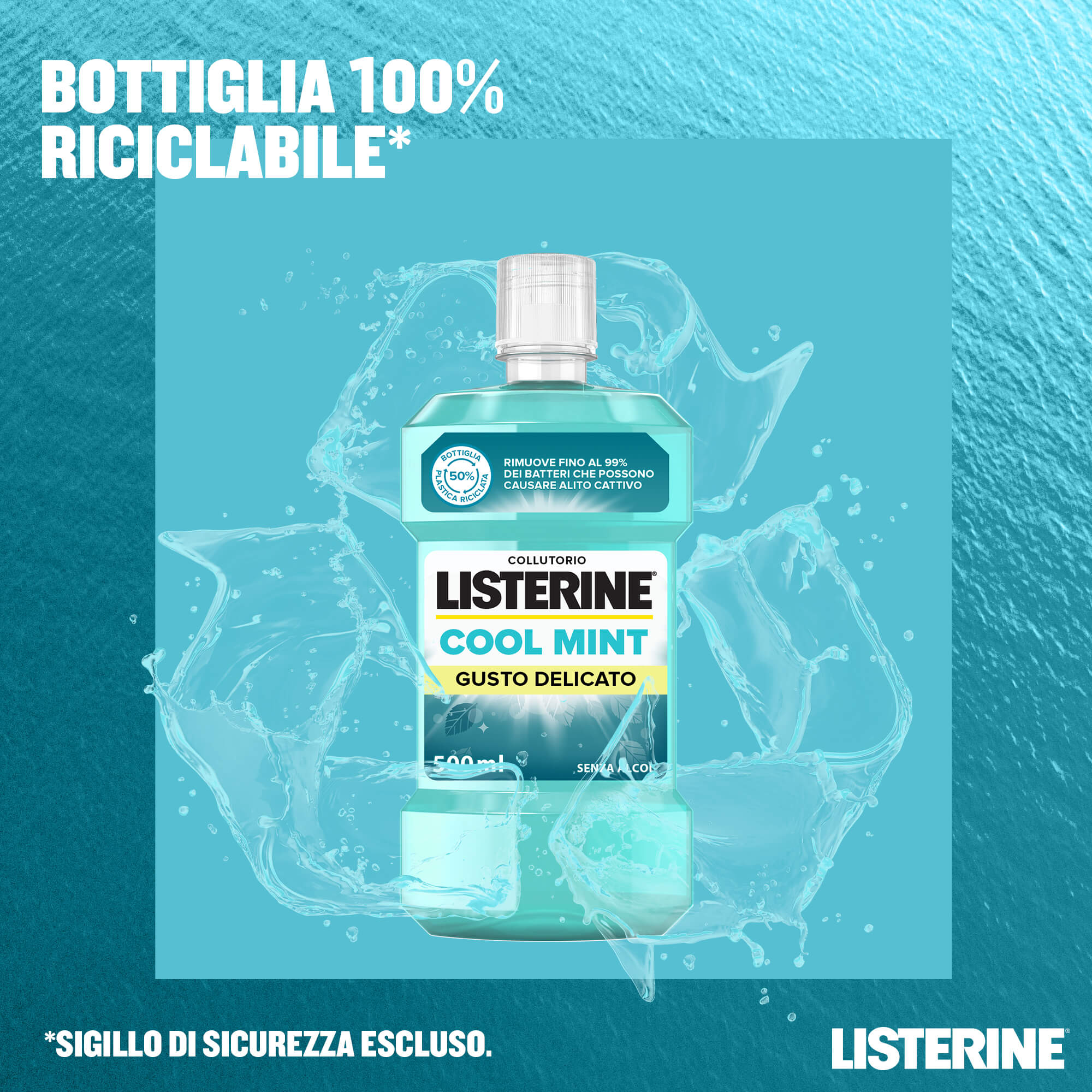 Listerine, Collutorio, Cool Mint, Gusto Delicato, Menta, Alito Fresco, Senza Alcol, 500ml