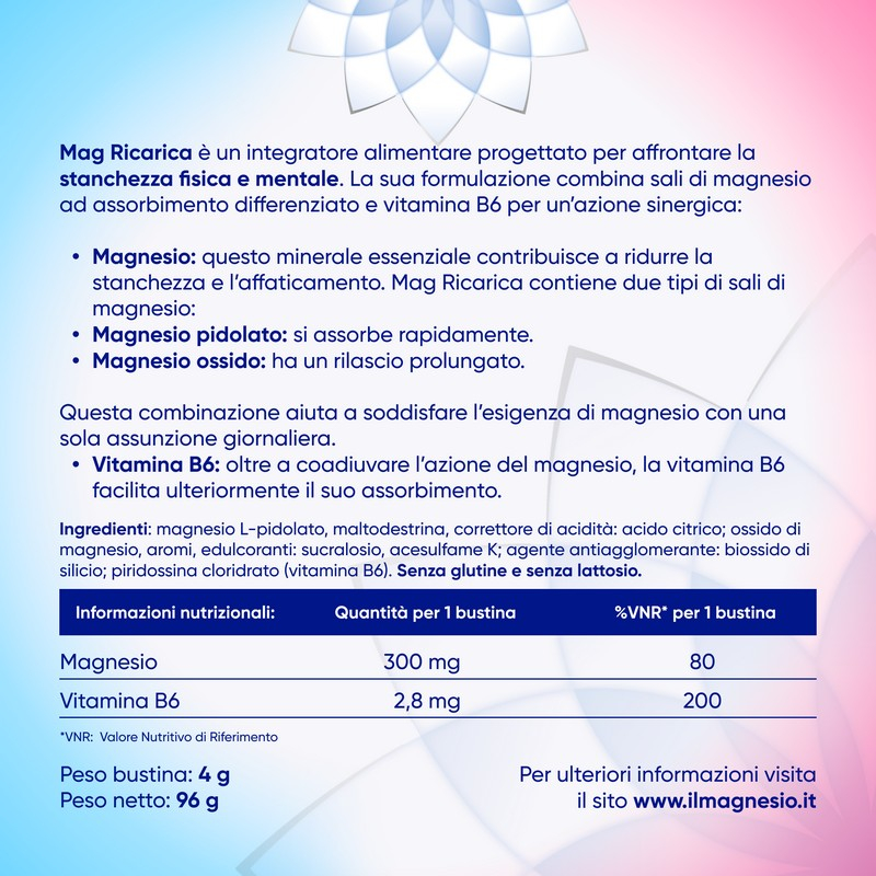 Mag Ricarica 24 Bustine - Integratore Con Magnesio Pidolato, Magnesio Ossido e Vitamina B6 Contro Stanchezza Mentale E Fisica