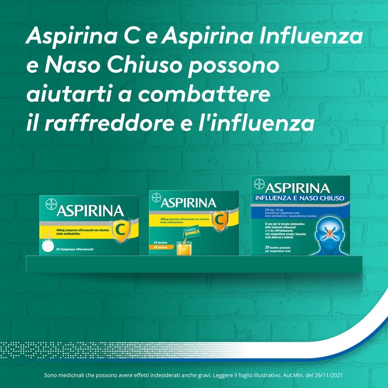 Aspirina Influenza e Naso Chiuso, Granulato per Soluzione Orale, 500mg Acido Acetilsalicilico + 30mg Pseudoefedrina, Effetto Antipiretico e Decongestionante, 10 Bustine
