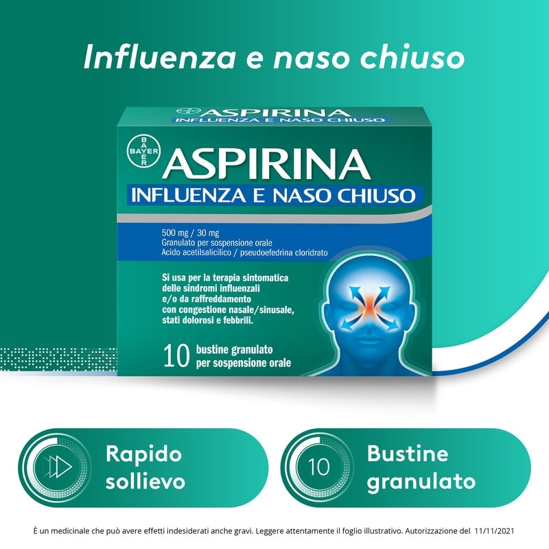 Aspirina Influenza e Naso Chiuso, Granulato per Soluzione Orale, 500mg Acido Acetilsalicilico + 30mg Pseudoefedrina, Effetto Antipiretico e Decongestionante, 10 Bustine