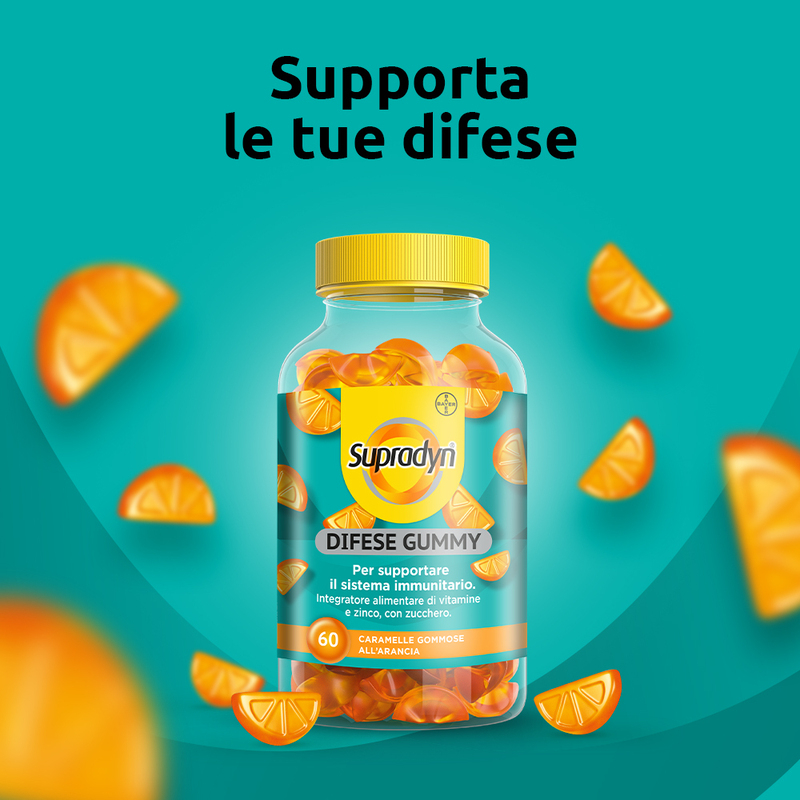Supradyn Difese Gummy Integratore Multivitaminico con Vitamina C, D e Zinco per Difese Immunitarie degli adulti, Gusto Arancia, 60 Caramelle Gommose