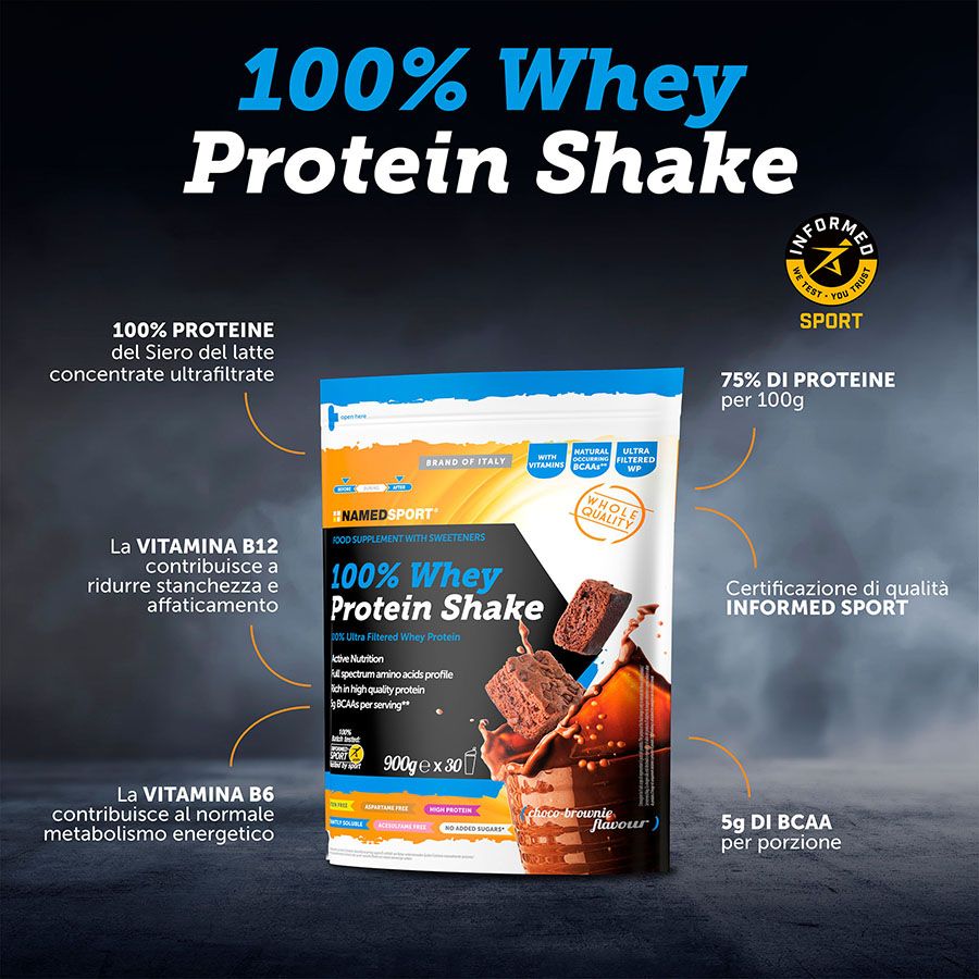 Named Sport - 100% Whey Protein Shake Choco-Brownie - Proteine Del Siero Del Latte In Polvere 900 g