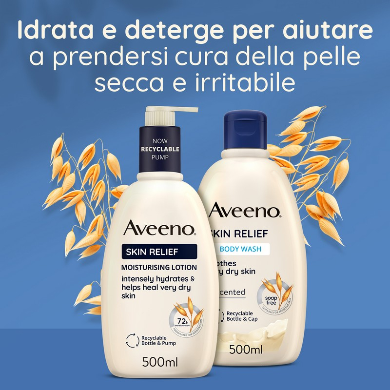 Aveeno Skin Relief Bagnodoccia Idratante per Pelle Molto Secca e Sensibile, Ipoallergenico, Bagnoschiuma Senza Profumo e Senza Sapone, Formula Vegana 500 ml