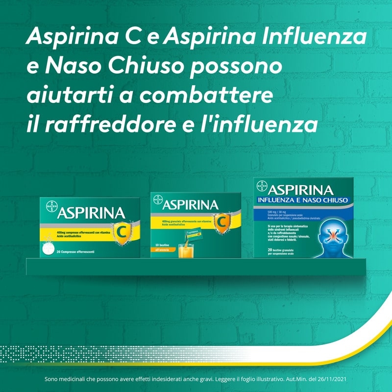 Aspirina C, contro sintomi di Raffreddore, Influenza e Febbre, 400 mg di Acido Acetilsalicilico + 240 mg di Vitamina C, antinfiammatorio e analgesico, 20 Compresse Effervescenti