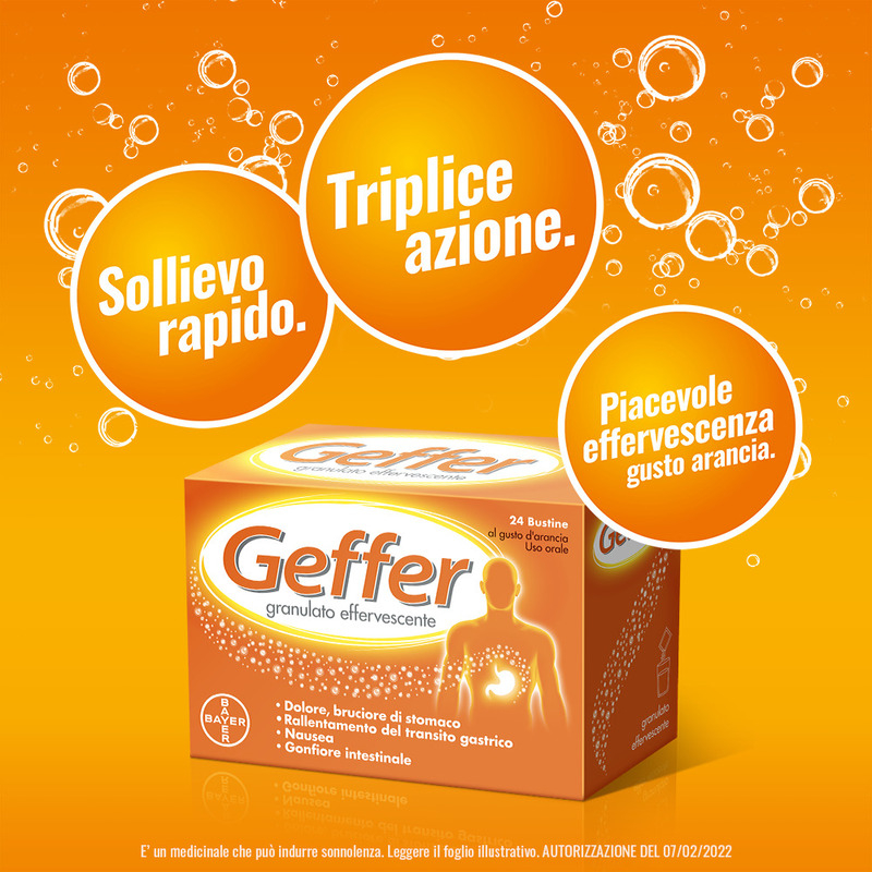 Geffer Granulato Effervescente, per Iperacidità, Dolore e Bruciore di stomaco,  favorisce la Digestione, contrasta Nausea, Gonfiore e Meteorismo, Gusto Arancia, 24 Bustine