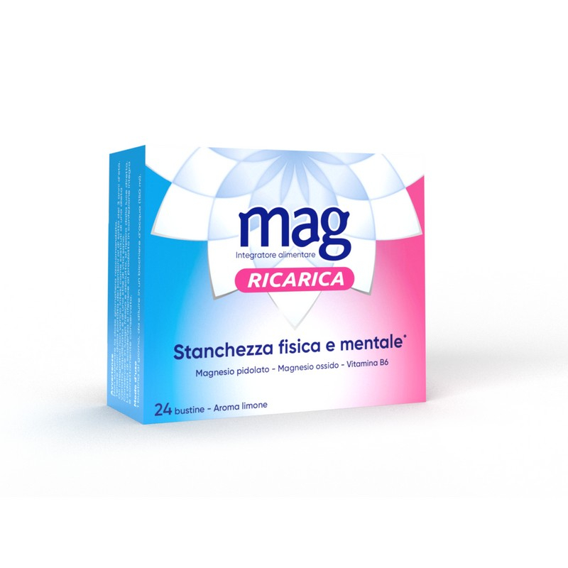 Mag Ricarica 24 Bustine - Integratore Con Magnesio Pidolato, Magnesio Ossido e Vitamina B6 Contro Stanchezza Mentale E Fisica
