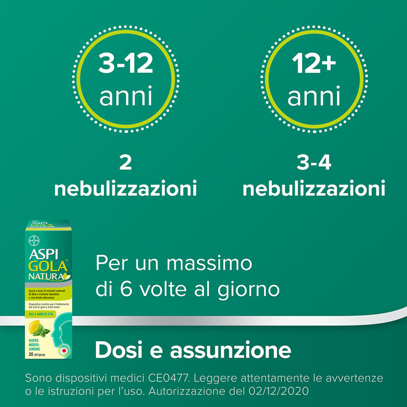 Aspi Gola Natura Spray, con estratti naturali di Aloe, Acido Ialuronico e Lichene Islandico, contro Mal di Gola e Tosse associata, Gusto Menta e Limone, Flacone da 20ml