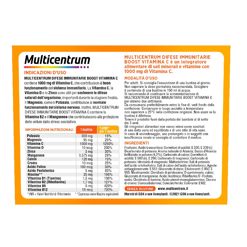 Multicentrum Difese Immunitarie Boost Vitamina C Integratore Alimentare Sali Minerali Vitamine 14 Bustine