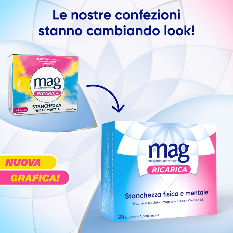 Mag Ricarica 24 Bustine - Integratore Con Magnesio Pidolato, Magnesio Ossido e Vitamina B6 Contro Stanchezza Mentale E Fisica
