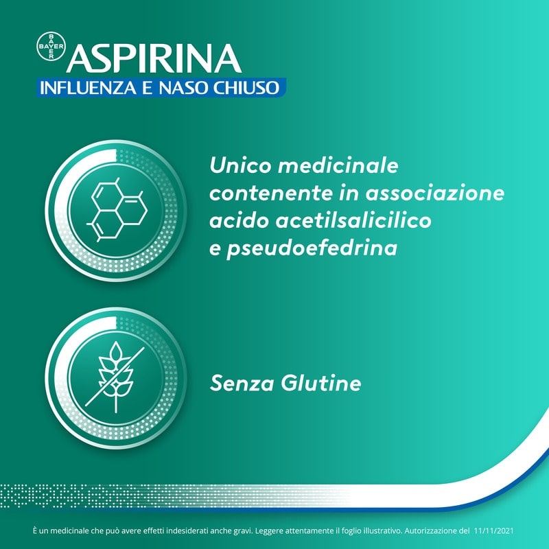Aspirina Influenza e Naso Chiuso, Granulato per Soluzione Orale, 500mg Acido Acetilsalicilico + 30mg Pseudoefedrina, Effetto Antipiretico e Decongestionante, 20 Bustine