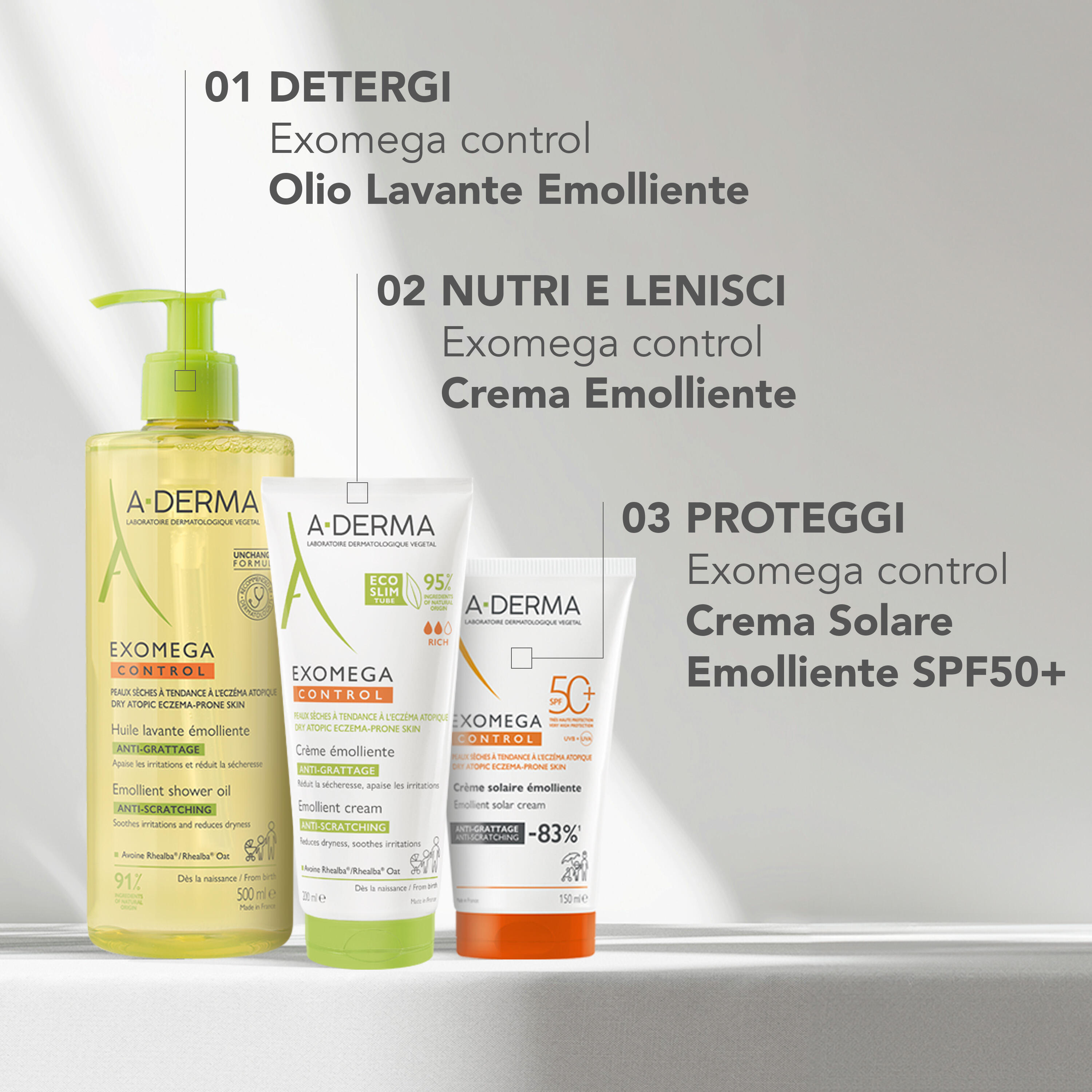 A-Derma Exomega Control - Crema Solare Emolliente SPF50+ Viso E Corpo 150 ml