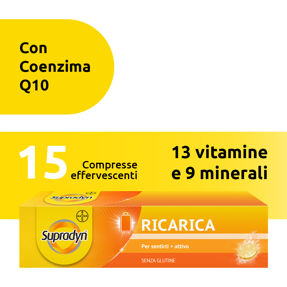 Supradyn Ricarica Integratore Multivitaminico Completo con Vitamine A, B, C, D, E, K, Minerali e Coenzima Q10 contro la Stanchezza, Gusto Arancia, 15 Compresse Effervescenti Rivestite - SCADENZA 31 AGOSTO 2026 