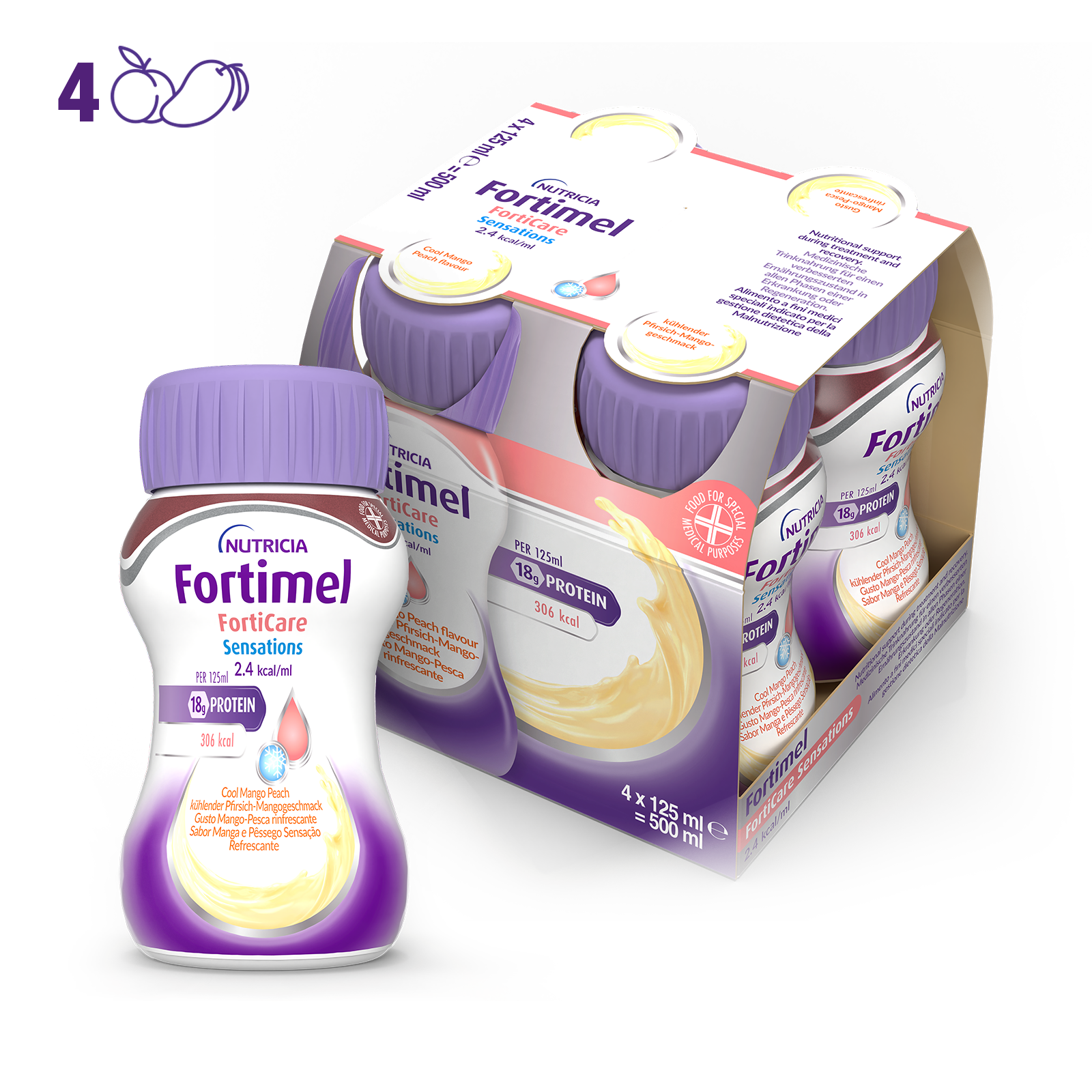 Nutricia Fortimel Forticare Sensations, Pesca Mango Rinfrescante, Ipercalorico e Iperproteico, 4x125ml