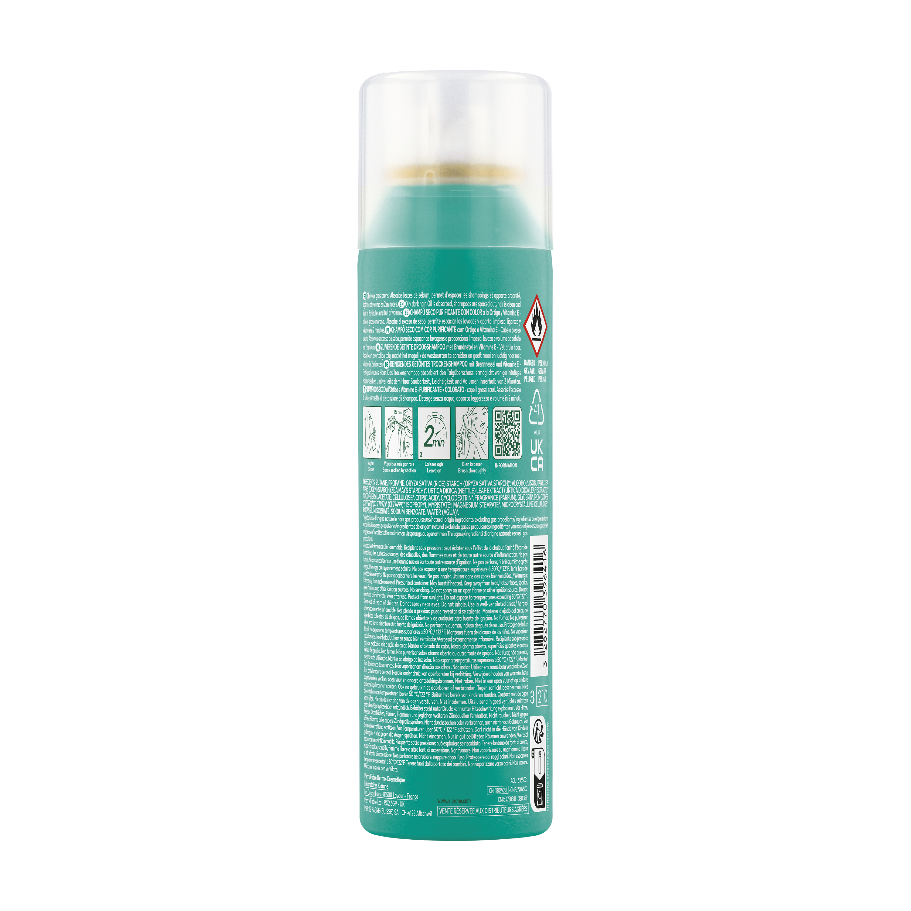 Klorane Purificante Shampoo Secco All'Ortica E Vitamina E Capelli Scuri 150ml
