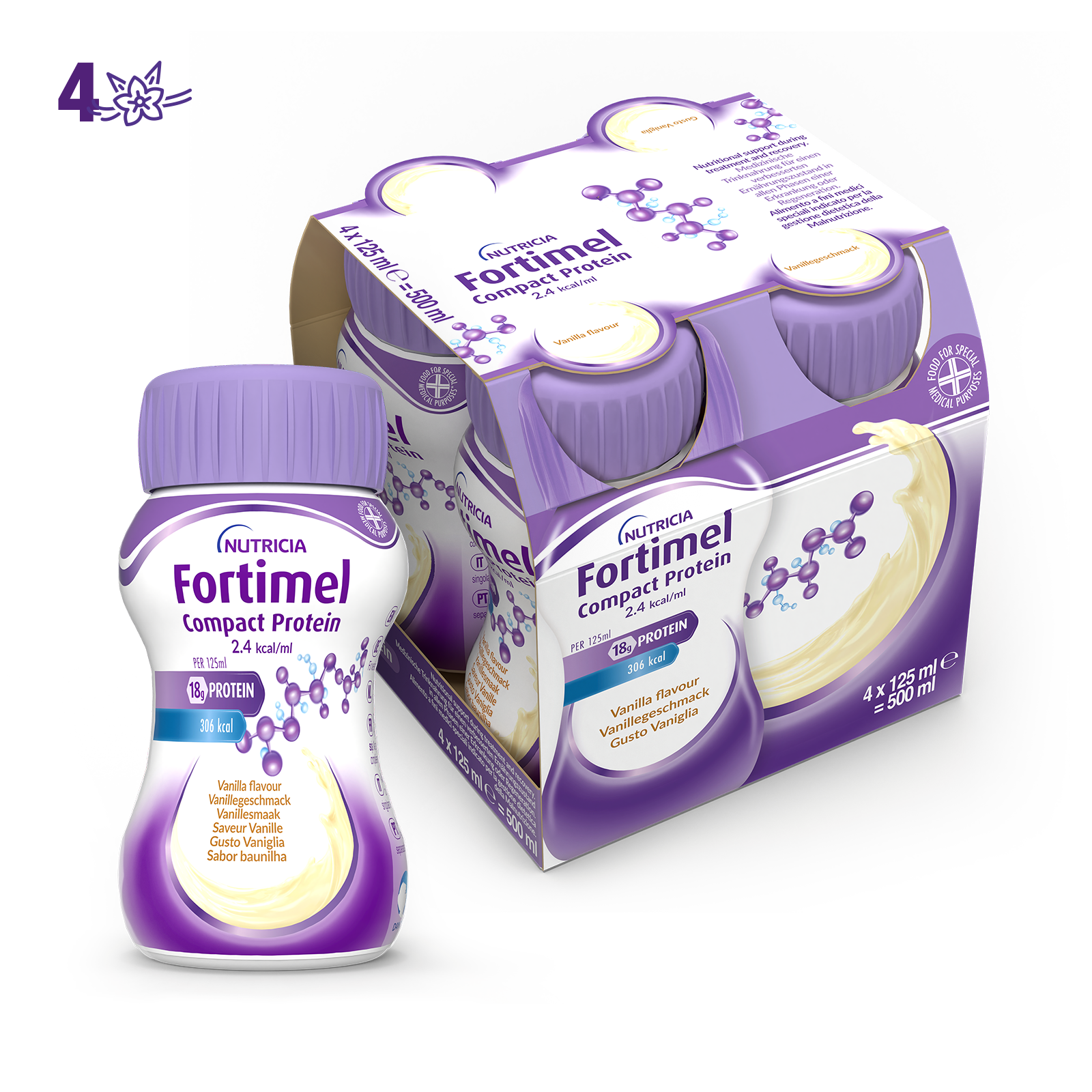 Nutricia Fortimel Compact Protein, Gusto Vaniglia, Ipercalorico e Iperproteico, 4x125ml