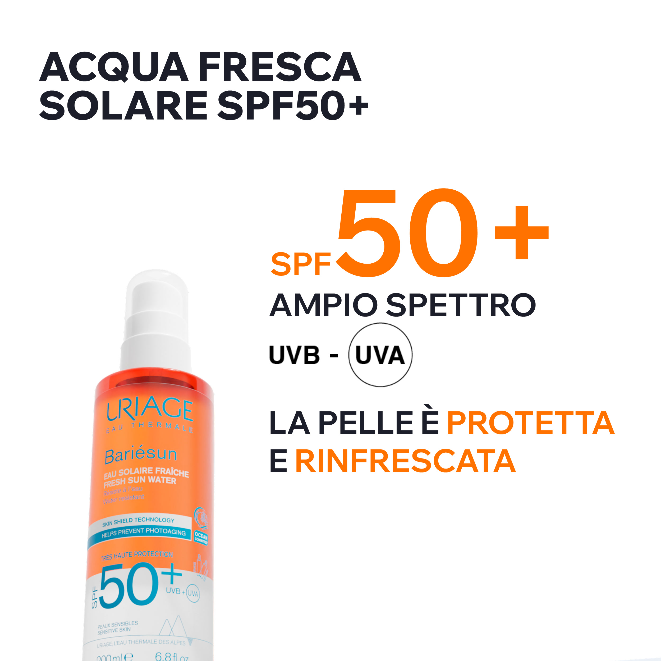 Uriage Bariesun Acqua Solare Fresca SPF50+ - Protezione Solare Viso, Corpo E Capelli 200 ml