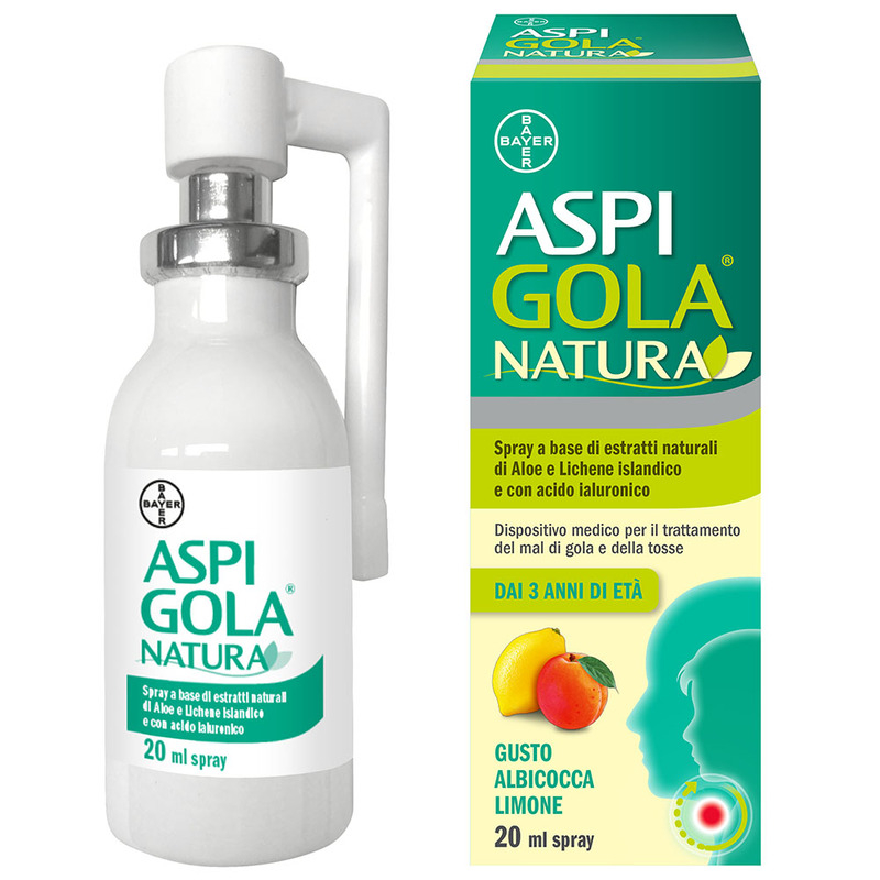 Aspi Gola Natura Spray, con estratti naturali di Aloe, Acido Ialuronico e Lichene Islandico, contro Mal di Gola e Tosse associata, Gusto Albicocca e Limone Flacone da 20ml