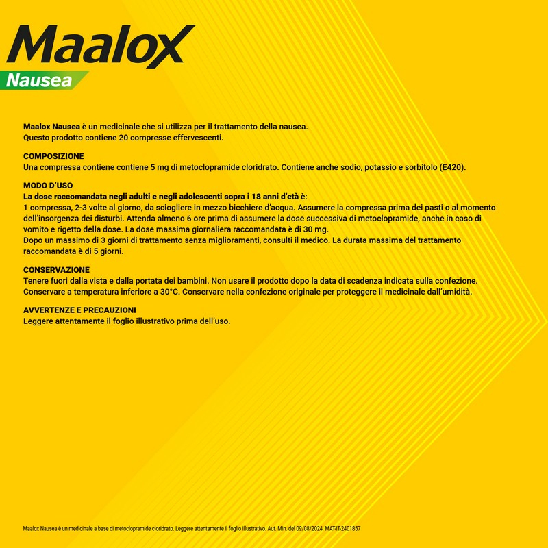 Maalox Nausea 5 mg Metoclopramide Cloridrato - 20 Compresse Effervescenti Per Il Trattamento Della NauseaM