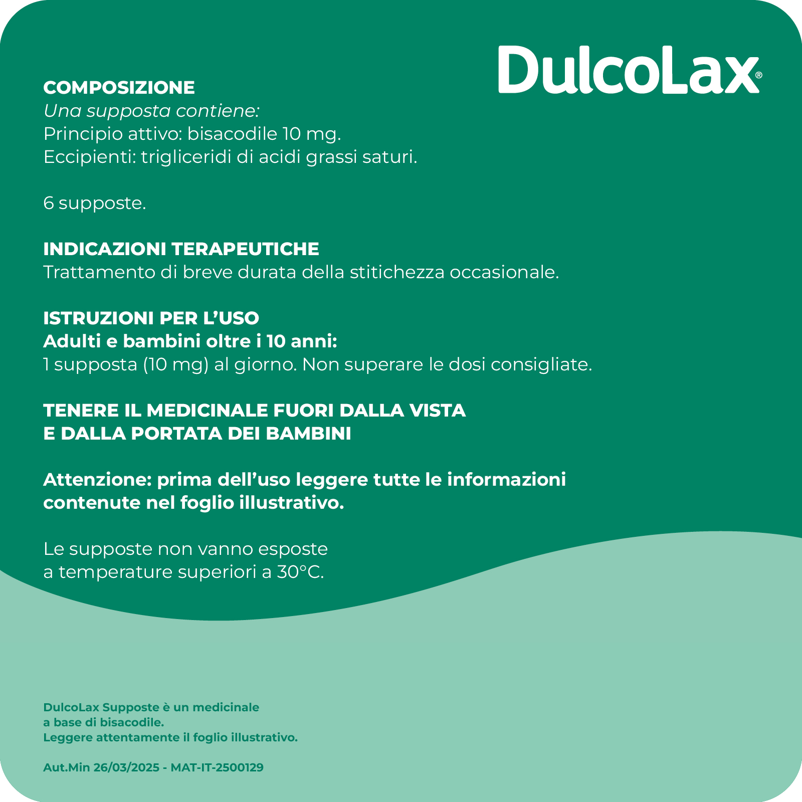 Dulcolax 10 mg - Lassativo Ad Azione Rapida Contro La Stitichezza Occasionale 6 Supposte