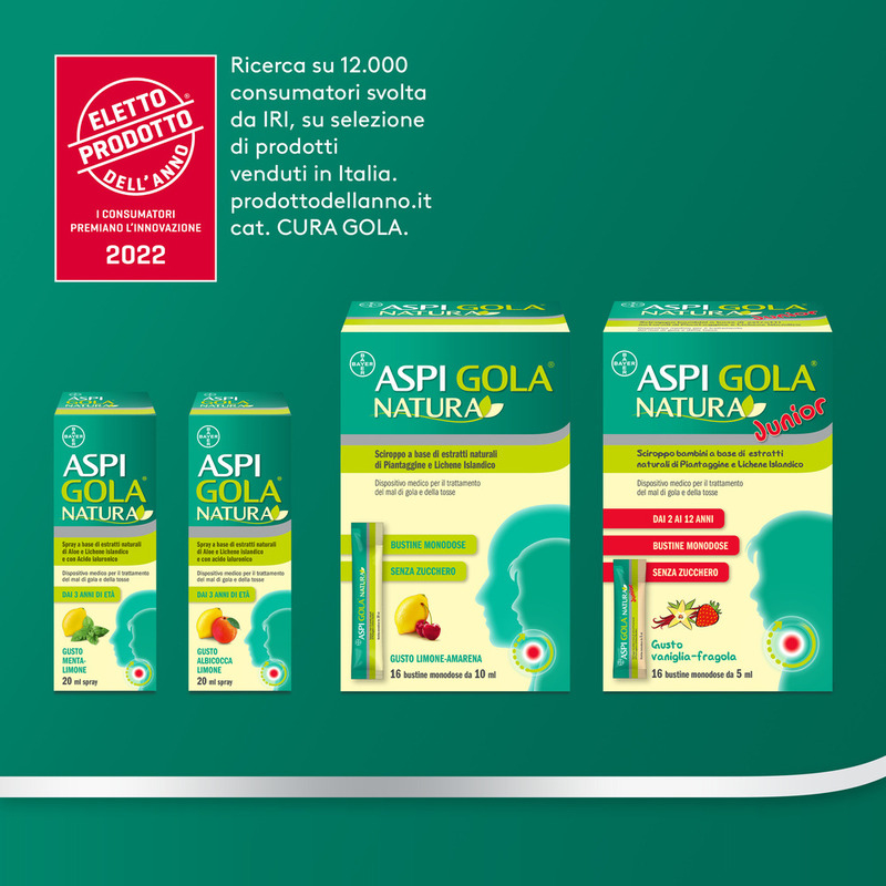 Aspi Gola Natura Sciroppo, con estratti naturali di piantaggine e Lichene Islandico, contro Mal di Gola e Tosse associata, Gusto Limone e Amarena, 16 Bustine Monodose da 10ml