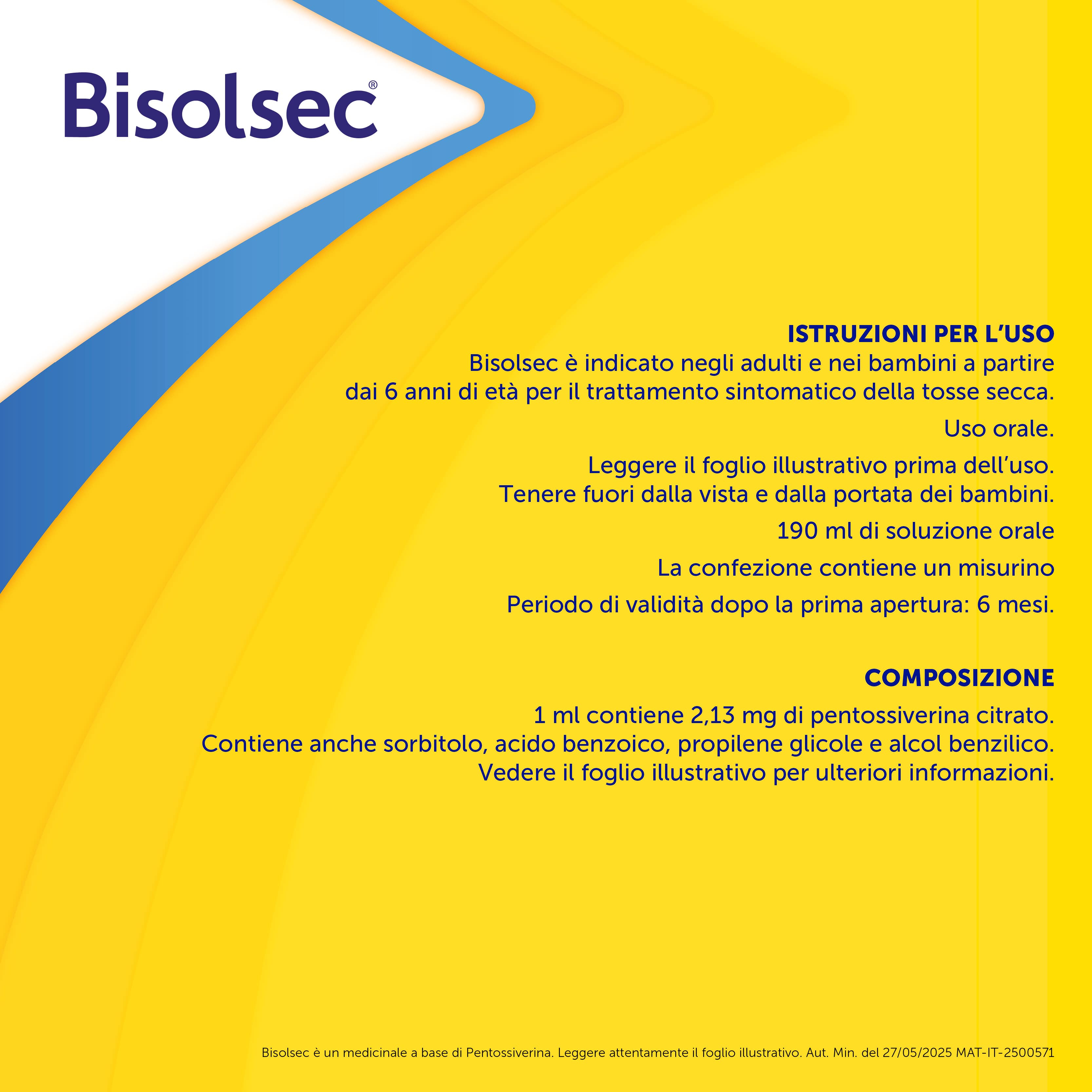 Bisolsec 2,13 mg/ml Soluzione Orale 190 ml - Sciroppo Sedativo Per Tosse Secca Adulti E Bambini (6+)
