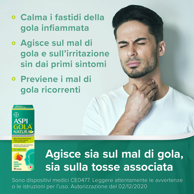 Aspi Gola Natura Spray, con estratti naturali di Aloe, Acido Ialuronico e Lichene Islandico, contro Mal di Gola e Tosse associata, Gusto Albicocca e Limone Flacone da 20ml