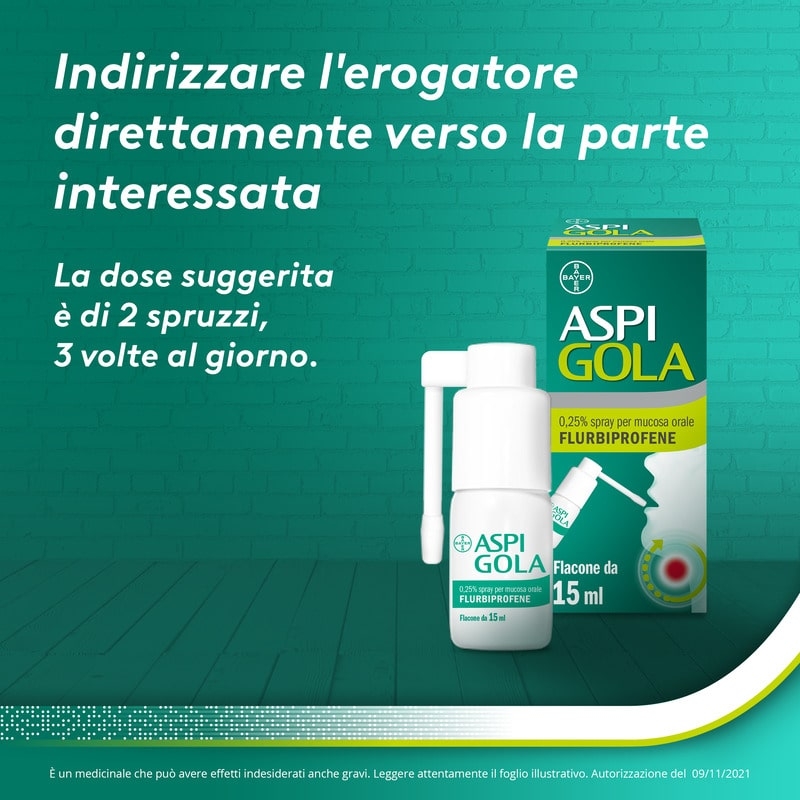Aspi Gola Spray, per la gola infiammata, con 0,25% di Flurbiprofene, contro Faringite e Mal di gola, al fresco aroma di menta, Flacone da 15 ml