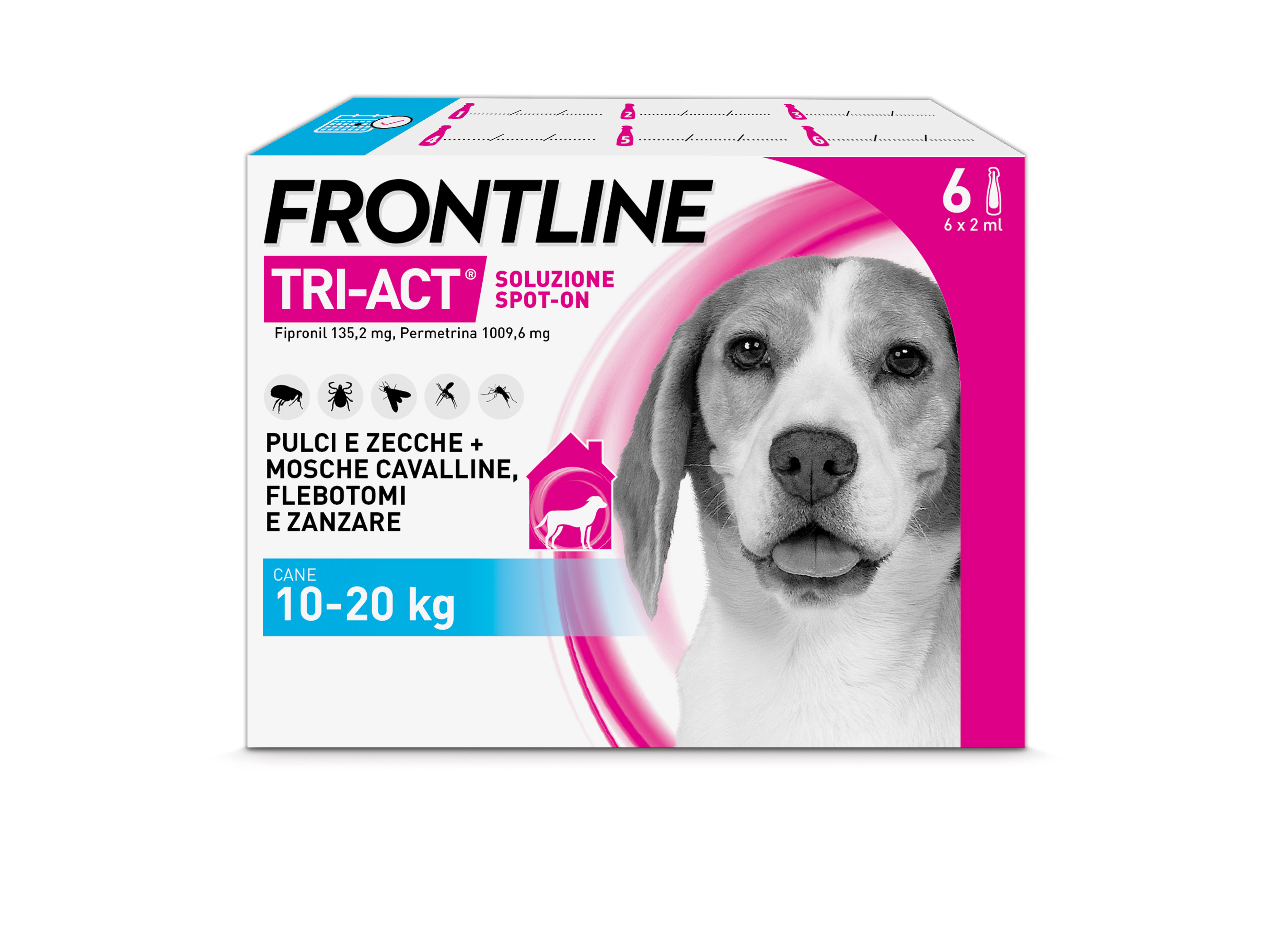 Frontline Tri Act x6 Pipette, Antiparassitario Per Cani e Cuccioli (Taglia M 10-20Kg) Contro Pulci, Zecche, Zanzare, Pappataci e Leishmaniosi
