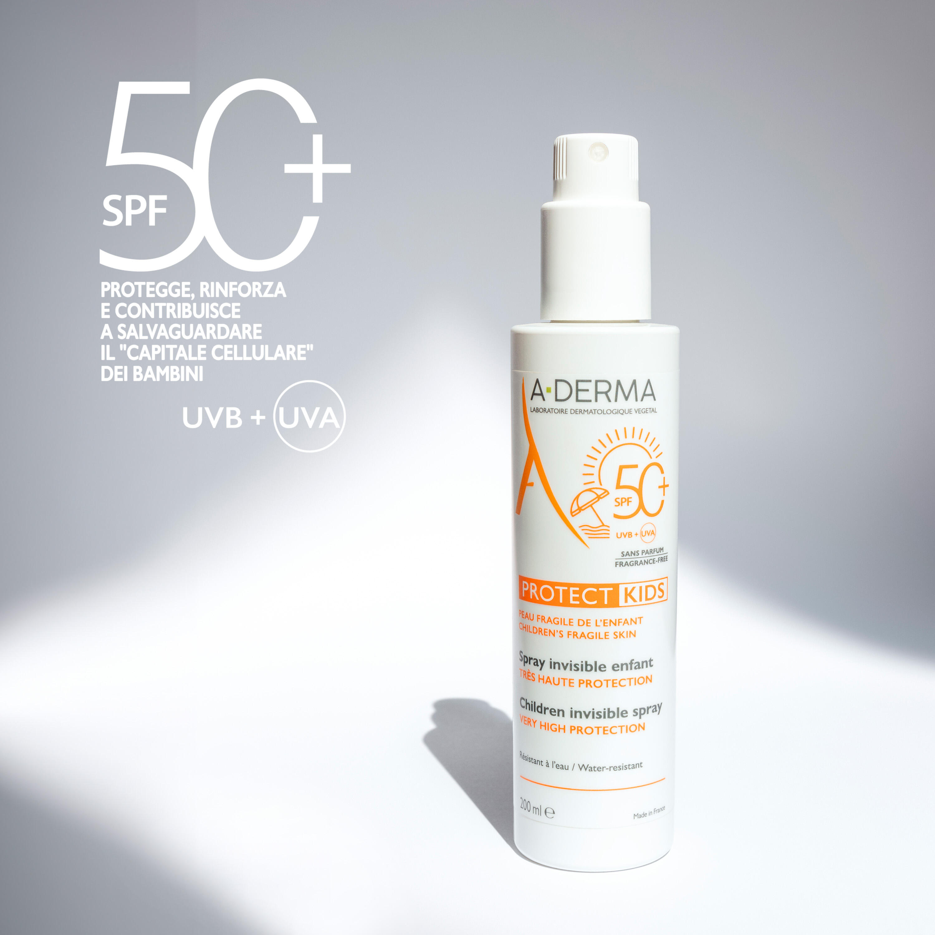 A-Derma Protect Kids Spray Invisibile SPF50+ Bambino - Protezione Solare Molto Alta Viso E Corpo 200 ml