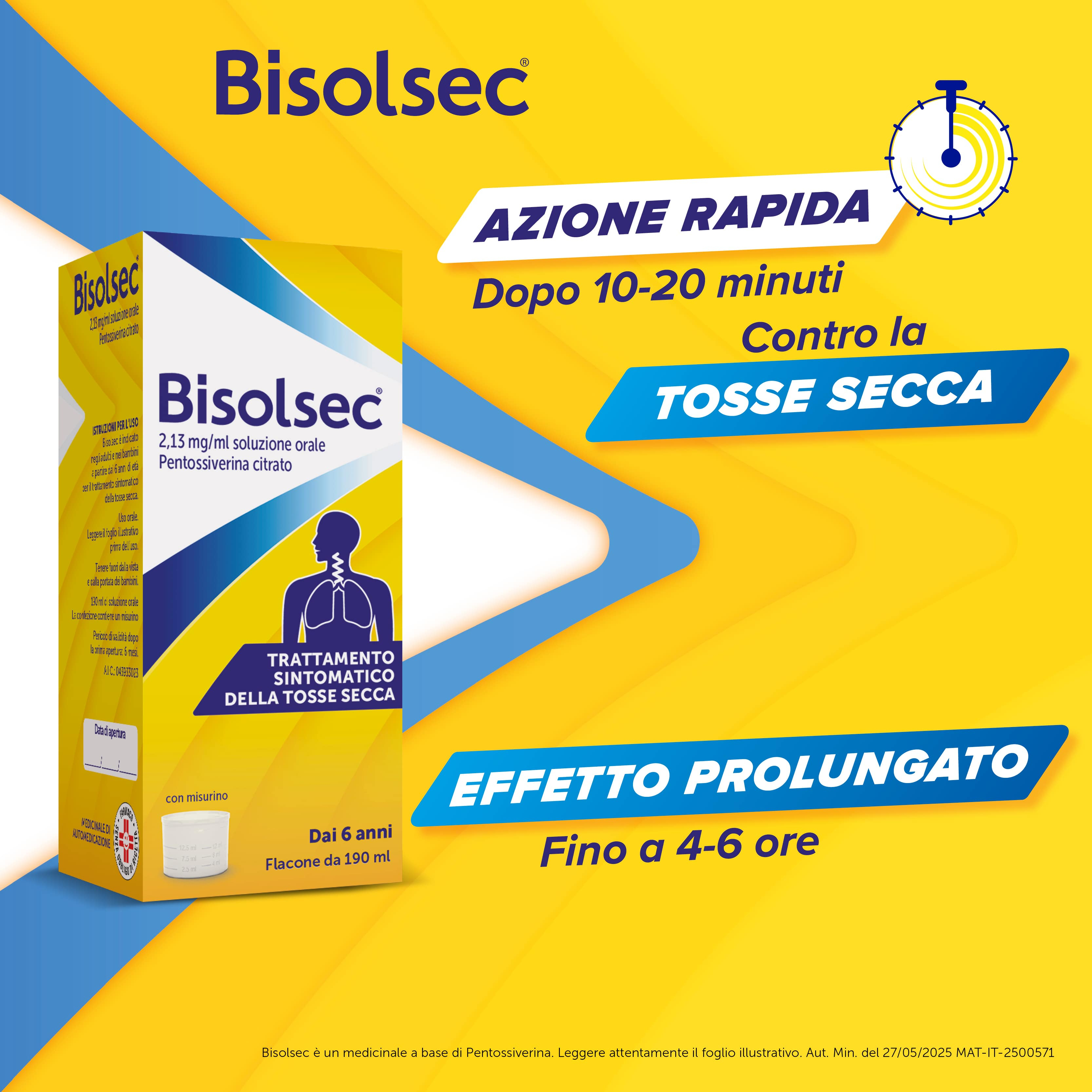 Bisolsec 2,13 mg/ml Soluzione Orale 190 ml - Sciroppo Sedativo Per Tosse Secca Adulti E Bambini (6+)
