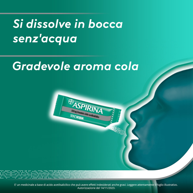 Aspirina in Granuli Senza Acqua, Antidolorifico e Antinfiammatorio contro Mal di Testa, Dolore e Infiammazione,  Aroma Cola, 20 Buste orosolubili
