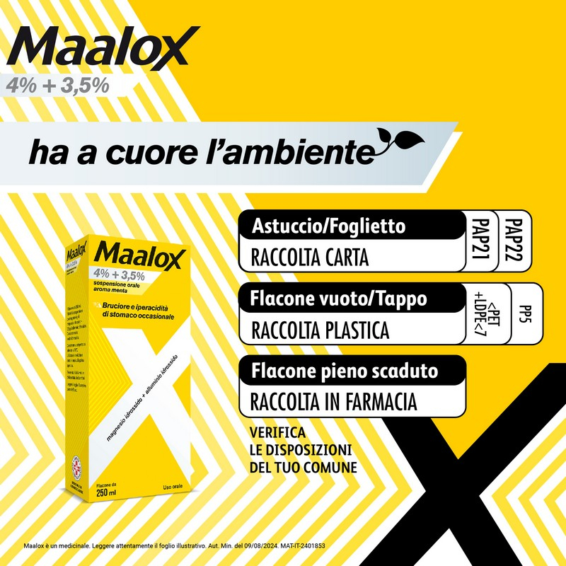 Maalox 4% + 3,5% Sospensione Orale Contro Bruciore E Iperacidità Di Stomaco Occasionale 250 ml