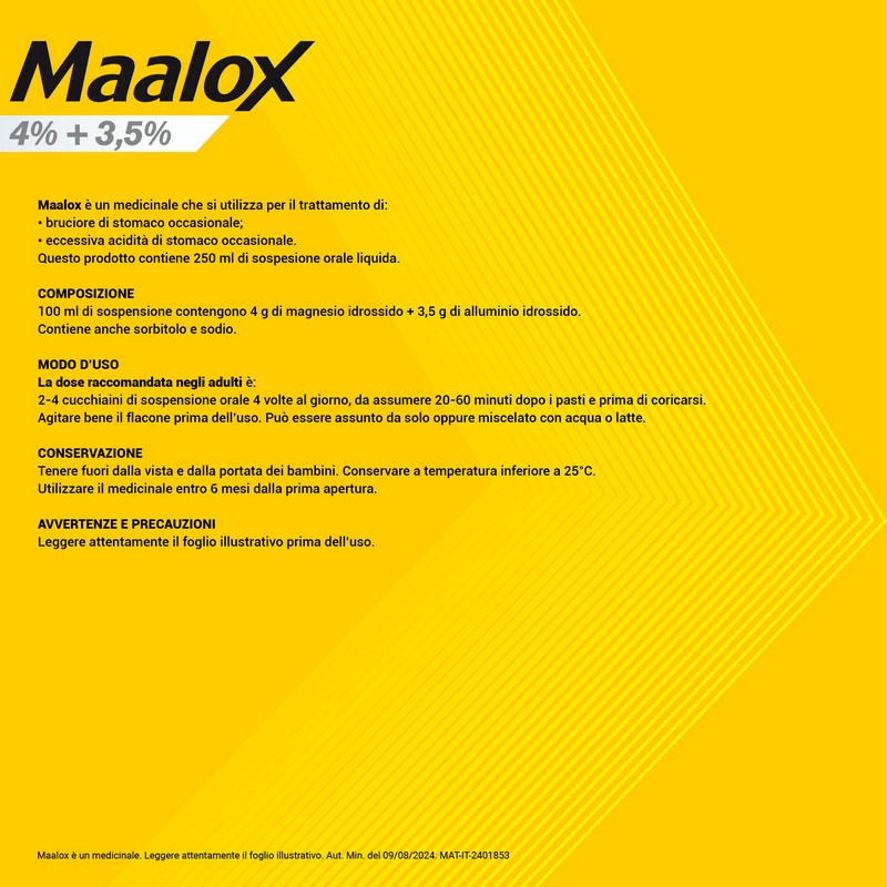 Maalox 4% + 3,5% Sospensione Orale Contro Bruciore E Iperacidità Di Stomaco Occasionale 250 ml