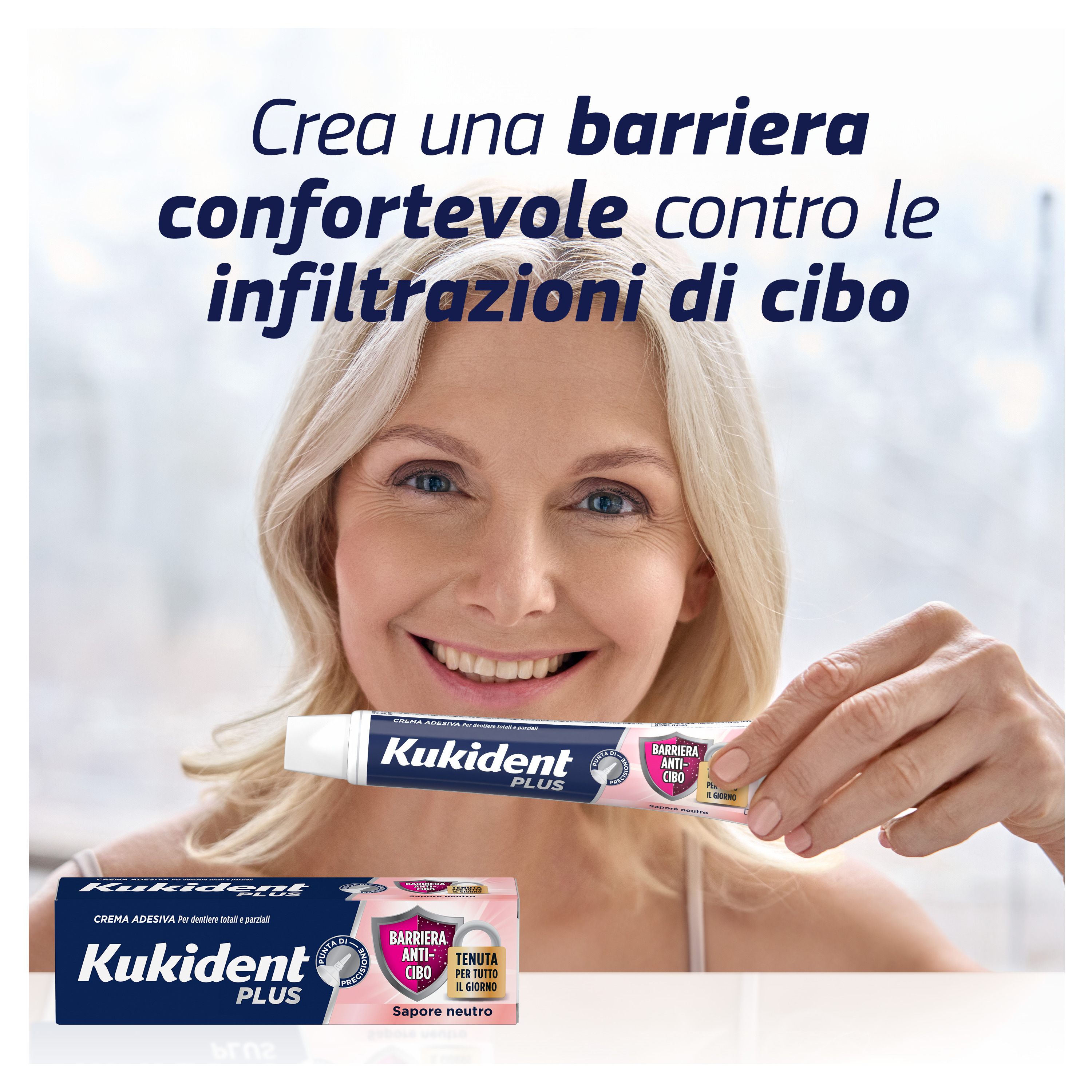 Kukident Plus Barriera Anti-cibo. Crema Adesiva Per Dentiere Totali e Parziali. Sapore Neutro 40g