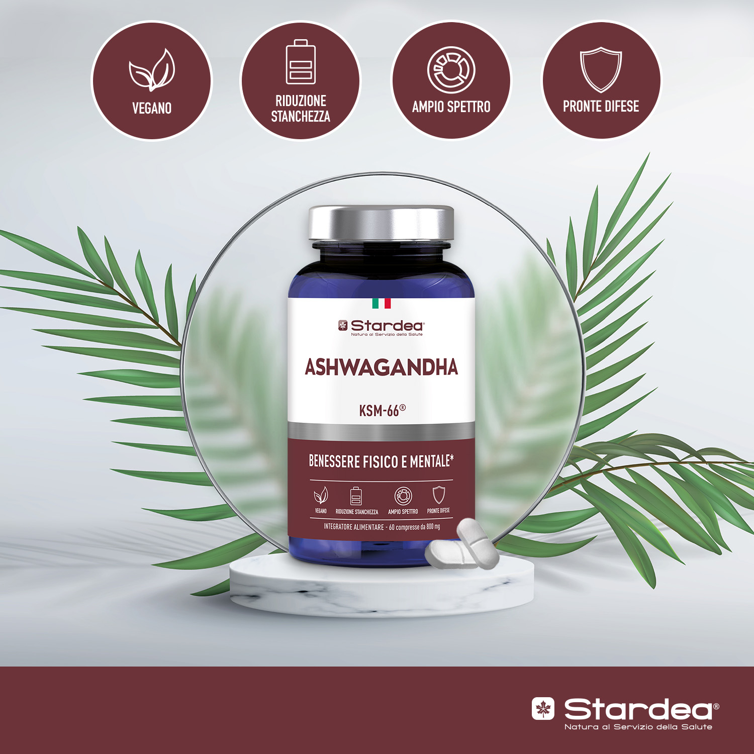 STARDEA ASHWAGANDHA - Compresse INTEGRATORE ALIMENTARE a base di Ashwagandha KSM-66® per il Benessere Fisico e Mentale