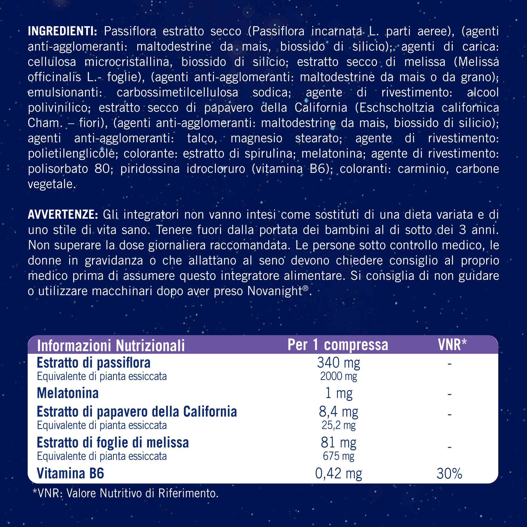 NOVANIGHT Tripla Azione Sonno Rigenerante, Integratore Alimentare con Melissa e Melatonina per Dormire, Senza Glutine, 30 Compresse, Non Induce Dipendenza