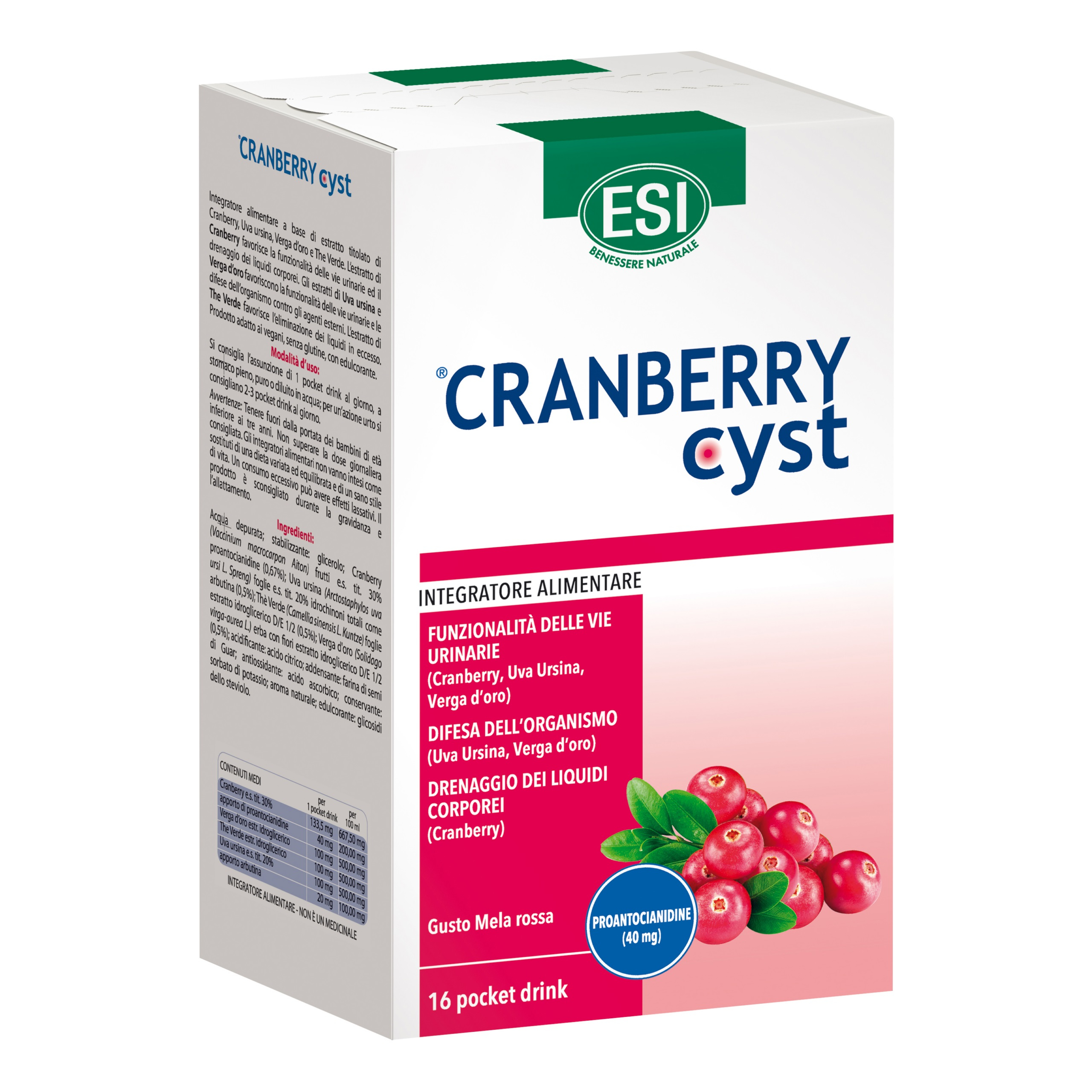 Esi Cranberry Cyst  Pocket Drink Integratore Benessere Vie Urinarie 16 Bustine