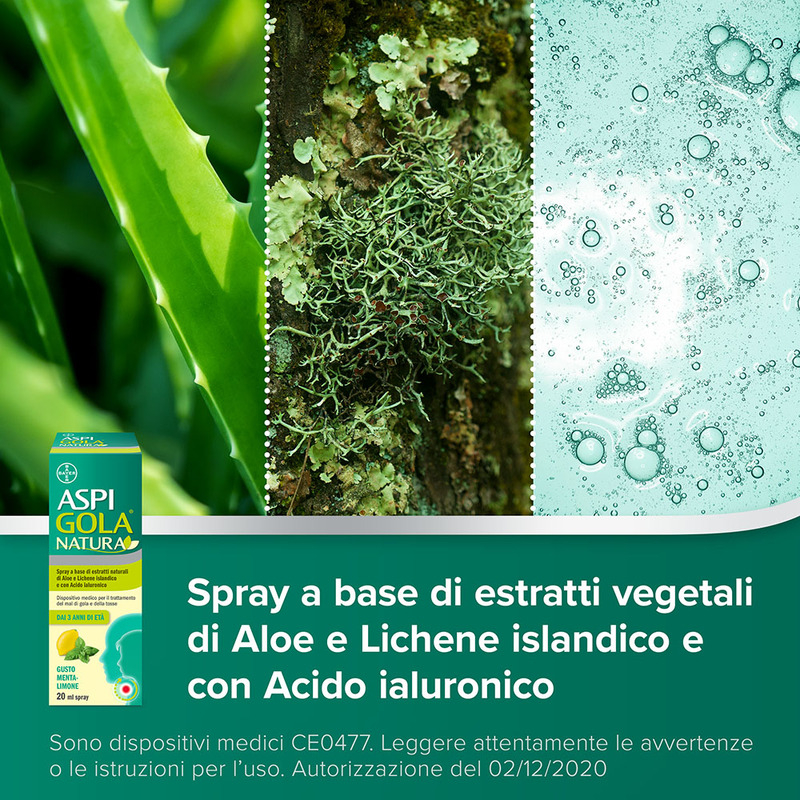 Aspi Gola Natura Spray, con estratti naturali di Aloe, Acido Ialuronico e Lichene Islandico, contro Mal di Gola e Tosse associata, Gusto Menta e Limone, Flacone da 20ml