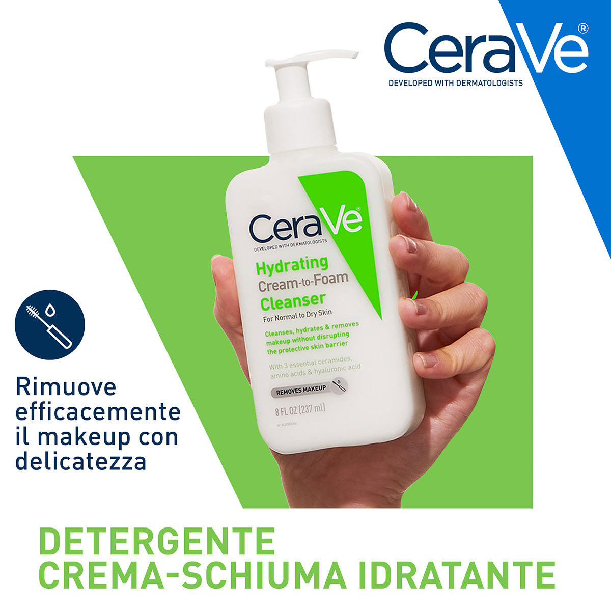 CeraVe Detergente Idratante Viso Pelle da Normale a Secca, con acido ialuronico e ceramidi 236 ml