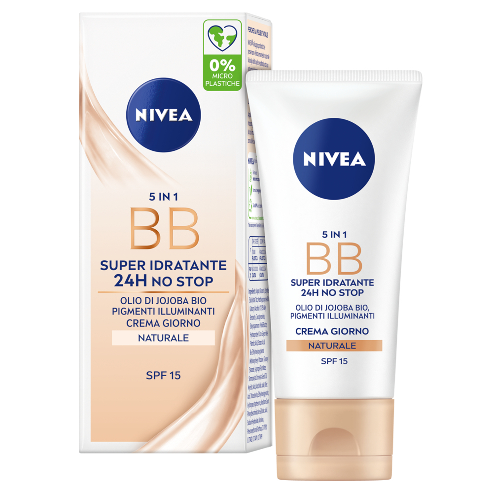Nivea - 5 In 1 BB Cream Super Idratante 24H No Stop - Crema Giorno Colorata SPF15 Viso 50 ml Naturale